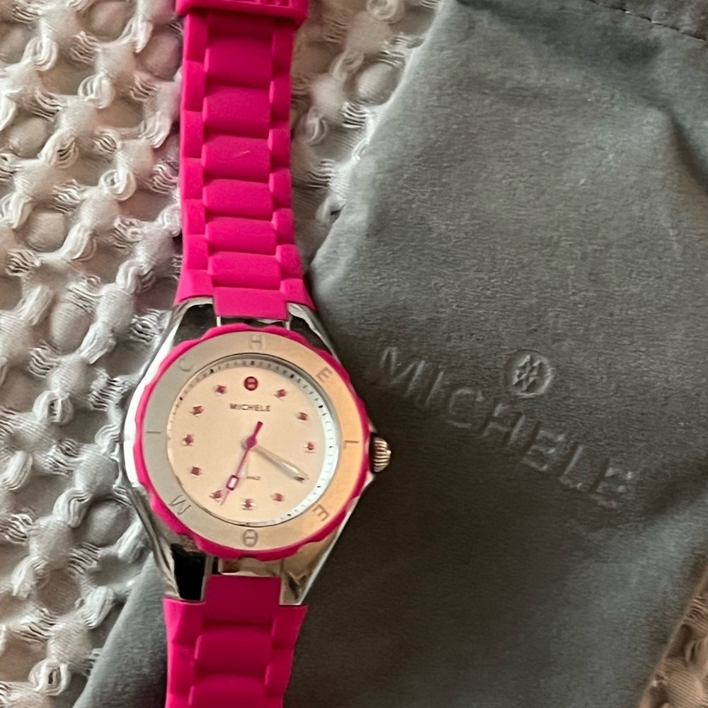 MICHELE jelly bean pink quartz watch, needs battery.   Works perfectly. - Picture 3 of 10